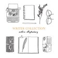 Writer collection. Writing icons, line art illustrations. Typewriter, notebook, pen, books
